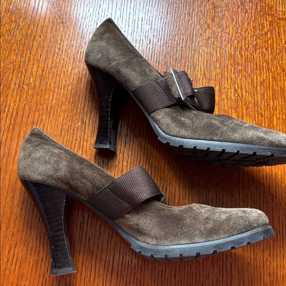 COLIN STUART chunky brown suede true 90’s vintage heels. Buckle strap. Size 8 - Picture 2 of 6